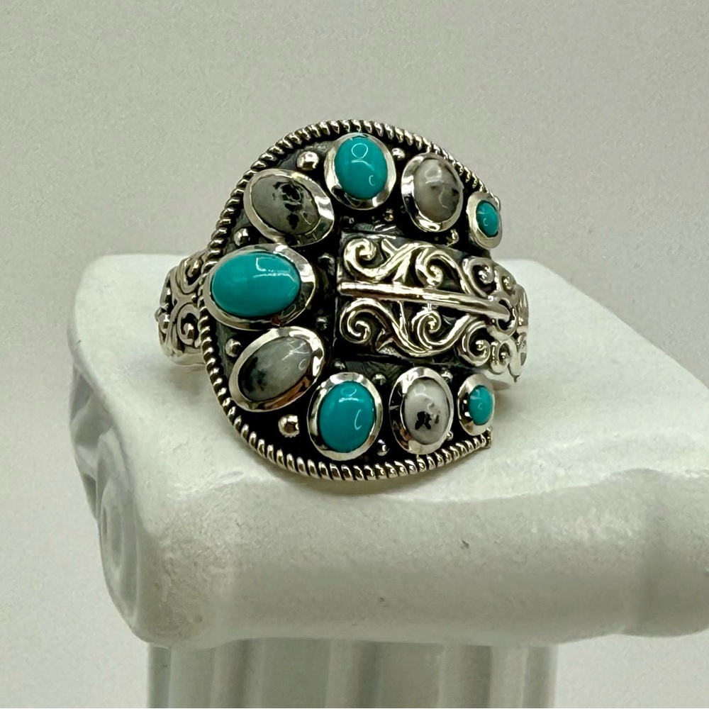 Artisan Crafted Sleeping Beauty Turquoise, White Buffalo Ring n Sterling Silver